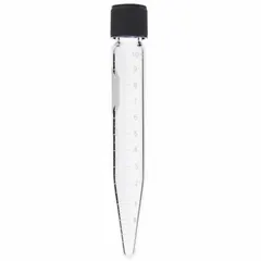 Colorless glass centrifuge tube with conical bottom, 40 mL capacity, 29 mm body diameter, 140 mm overall height. Graduated for volume measurement and includes a closure. Used in laboratory centrifugation for pelleting solids or separating immiscible liquids.