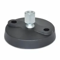This vibration-damping female leveling mount features an 80 mm glass-filled nylon base with M10 thread size and zinc-plated finish. It supports a load capacity of 8,006.8 N and includes mounting holes for secure installation. Used for leveling and reducing vibration on industrial machinery, conveyors, and workstations