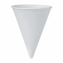White paper cone cold cups, 4 oz capacity, unwrapped and patternless. Sold in a 200-pack. Suitable for serving small cold beverages in foodservice, office, or healthcare settings where portion control and single-use hygiene are required.