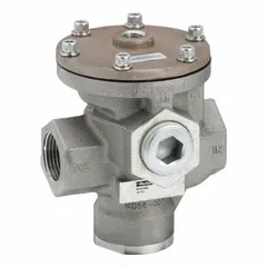 Two-way, two-position remote pilot poppet valve with a Coefficient of Volume (Cv) of 30. Features no override and pilot return operation. Used for on/off control of air flow in industrial pneumatic systems.