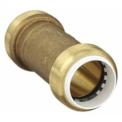 Brass push-to-connect coupling for joining two tubes of the same outer diameter. Connects copper, CPVC, or PEX tubing without tools or soldering. Suitable for water supply lines in plumbing systems.
