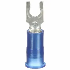 Blue nylon-insulated locking fork terminal for #6 stud size, accepting 16 AWG to 14 AWG wire. Rated 600 V. Used for secure electrical connections in control panels, automation systems, and power distribution.