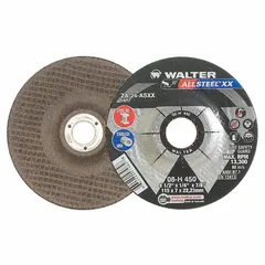 General purpose grinding wheel for carbon and stainless steel. Type 27 depressed center design with 24 grit. Dimensions: 4-1/2" diameter, 1/4" thickness, 7/8" arbor hole. Suitable for material removal, surface blending, and weld preparation in metal fabrication and maintenance tasks.