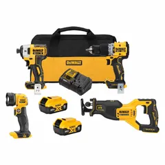 This 4-tool combination kit includes an impact driver and three additional tools, all powered by the 20V MAX* XR® battery system. The set operates on 20 V DC and comes with a battery included, suitable for drilling, driving fasteners, and light demolition in construction, renovation, and maintenance tasks.