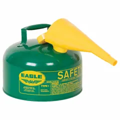 This EAGLE oil safety can is constructed from powder coated steel and includes a funnel for controlled dispensing. With a 2 1/2 gallon capacity, it is suited for storing and transferring oil in industrial settings such as maintenance shops and manufacturing facilities.