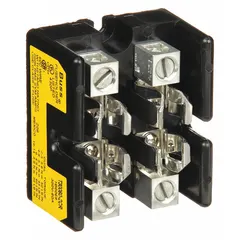 This 2-pole open block fuse holder accepts UL Class T fuses and is rated 300 V AC. It features box lug terminals and a non-indicating design. Suitable for use in power distribution, panel building, and equipment protection applications.