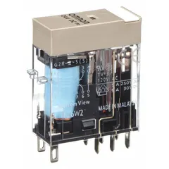 Plug-in relay from the G2RS Series with a square base and flat pins. Features DPDT contact configuration, 5 A current rating, 24V DC coil voltage, and quick-connect terminals with 8 pins. Suitable for general-purpose switching in control panels and automation systems.