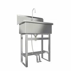 This one-station freestanding hand sink with faucet is constructed from 14 ga material. It features a 28 in bowl length, 10 1/2 in bowl depth, and a 2 gpm flow rate. Side splash is not included. Suitable for commercial handwashing applications.