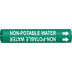 Green snap-on pipe marker with white legend reading 'Non-Potable Water' and directional arrows. Fits pipe outer diameters of 4 to 6 inches. Used to identify pipes carrying water not suitable for drinking in industrial facilities.