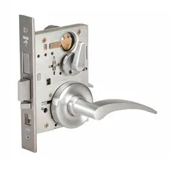 This office lever lockset features a satin chromium-plated stainless steel finish with a chrome appearance. It is ADA compliant for accessibility and includes an interchangeable core for convenient rekeying. Designed for interior commercial doors, it is suitable for applications such as office corridors and meeting rooms where lever operation and code compliance are required.