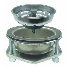 This sink drain with basket strainer is made of stainless steel with a chrome finish. It has a 3-inch overall height and 3-inch overall diameter. The unit includes an EZ on Drain Kit and a gasket, and is supplied without a tailpiece. Suitable for kitchen sink installations to catch food scraps and prevent clogs.