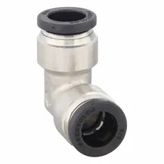 This nickel-plated brass elbow fitting features push-to-connect connections on both ends for 3/8 in OD tubing. It enables quick, tool-free assembly in pneumatic or fluid systems, commonly used in industrial machinery, automation, and control panels.