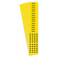 Solvent adhesive pipe marker with yellow background and black legend text reading 'Solvent'. Includes flow-direction arrows. Fits pipe outer diameter of 3/4 inch and smaller. Pack of 5 markers (3 markers per pack). Used for identifying pipes carrying solvent in industrial facilities.