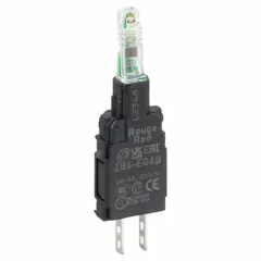 Red LED lamp module for XB6 series push button operators. Includes bulb, rated 120 V AC, with slip-on terminal connection. Used as a visual indicator in control panels and machinery.