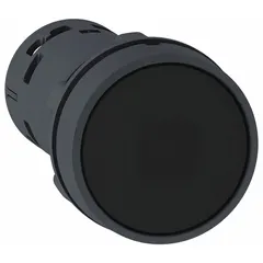 Momentary flush-mount push-button operator from the XB7 series. Features a non-metallic black actuator with 22 mm mounting diameter. Suitable for industrial control panel applications such as start, stop, or signaling functions.