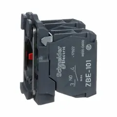 This contact block from the ZB5 series provides one normally open and one normally closed momentary contact. It features screw clamp terminals for secure wiring and is designed for 22 mm panel mounting. Typical applications include use as a switching element in industrial control stations with pushbuttons and selector switches.