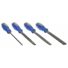This file set includes four 6-inch files: Flat Wood Rasp, Half Round, Half Round Wood Rasp, and Round. Each file comes with a handle for comfortable use. The set is suitable for shaping, smoothing, and deburring wood and metal. A storage pouch is included.