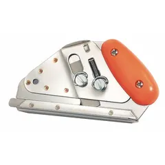 Manual carpet loop cutter for cutting loop pile carpet fibers. Fixed design for right-hand use. Features a stainless steel blade and plastic body. Includes replacement blades.