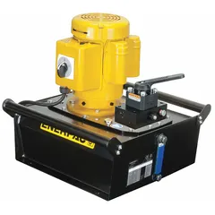 This stationary electric hydraulic pump unit delivers a maximum operating pressure of 10,000 psi and a maximum flow rate of 40 cu in/min at 1 hp. It features a 3-position control and is suited for industrial applications such as lifting, pressing, and clamping.
