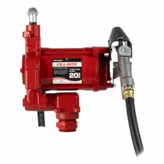 This bung-mount AC-powered fuel transfer pump operates on 115 V AC with a 1/3 hp motor, delivering a maximum flow rate of 20 gpm. It includes a 1-1/8" x 12' discharge hose with a manual nozzle. Typical applications include transferring diesel, kerosene, and other non-flammable liquids from drums or tanks in industrial, agricultural, and fleet maintenance settings.