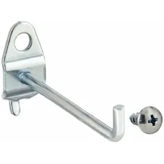 This 90-degree single hook is designed for surface mounting on round-hole pegboards. Made of steel with a zinc-plated silver finish, it uses a screw-in locking system for secure attachment. Includes screws for installation. Suitable for hanging tools such as wrenches or hammers in workshops and garages.