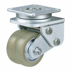 Swivel plate caster with polyurethane wheel, 100 mm diameter, 30 mm width, and 160 mm mounting height. Designed for shock absorption in automated guided vehicles and autonomous mobile robots, reducing vibration and noise during material transport.