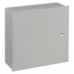 This NEMA 1 steel enclosure is designed for indoor use to house and protect electrical components such as terminals, relays, and controls from dust and light impact. It features a hinged solid cover with a painted finish. Dimensions: 30 in x 24 in x 8 in. Knockouts are not included.