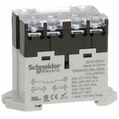 SCHNEIDER enclosed power relay with DPST-NO contacts rated 25 A at 240V AC for resistive loads. Designed for combination DIN-rail and surface mounting with a top flange and screw terminals. Suitable for on/off control in industrial control panels, HVAC systems, and automation equipment.