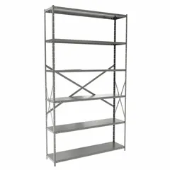 This HALLOWELL medium-duty standalone open metal shelving unit is constructed with a steel frame and steel shelves in a gray finish. It measures 48 inches wide by 12 inches deep with an overall height of 84 inches and includes six shelves. The unit is supplied unassembled and is suited for organizing tools, parts, and boxes in warehouses, stockrooms, and industrial facilities.