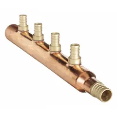 Copper manifold with one 3/4 in inlet and four 1/2 in outlets, rated for 160 psi maximum operating pressure. Used in plumbing and heating systems to distribute water from a supply line to multiple branch lines.