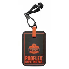 This kneeling pad measures 4 in x 6 in with a 1 in thickness, constructed from black rubber. It features a Grabber handle for easy carrying. Suitable for providing cushioning during floor-level tasks in industrial and maintenance settings.