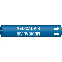 Blue snap-on pipe marker with white legend reading 'Medical Air' and directional arrows. Fits pipe outer diameters from 4 to 6 inches. Used to identify medical air lines in facility piping systems, supporting clear visual communication of gas contents and flow direction.