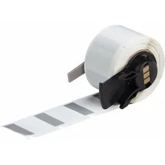 Gray matte vinyl wraparound label measuring 1 in x 1 in, designed for wire gauges from 16 AWG to 8 AWG. Compatible with BMP71 printer series and requires M7-R4300 ribbon. Used for permanent identification and marking of wires in applications such as panel building, electrical maintenance, and wire harness assembly.