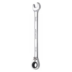 This 10 mm metric 12-point ratcheting combination wrench features a chrome finish and offset design. The 12-point box end provides ratcheting action for faster fastener turning without repositioning. Suitable for tightening or loosening fasteners in confined spaces where a standard wrench cannot fit.