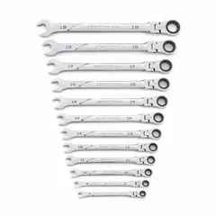 This 12-piece SAE 12-point ratcheting combination wrench set is made of alloy steel with a full polish chrome finish. The ratcheting box end allows faster fastener tightening and loosening without repositioning the tool, suitable for automotive repair, industrial maintenance, and mechanical assembly.