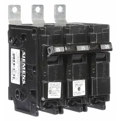 Three-pole miniature circuit breaker rated 25 A at 240V AC, designed for bolt-on mounting in Siemens P1 panelboards. Standard type with a maximum interrupting rating of 65kA at 240V AC. Suitable for overload and short-circuit protection in electrical distribution systems.