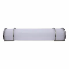 Wall sconce with white housing, 120V AC, 28W, 2100 lumens, CRI 90, selectable among 5 color temperatures including 2700K. Rated life 50,000 hours. Damp-rated for use in bathrooms or other humid locations.