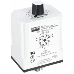 Single-function on-delay relay for socket mounting. Rated 240V AC, 10 A, with 8 pins/terminals. Used in industrial control panels to introduce a timed delay before output activation, such as in motor starting sequences or conveyor systems.