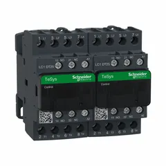 Reversing IEC contactor with 4 poles and 4 normally open contacts, rated for 25 A and a 120V AC coil. Designed for controlling forward and reverse rotation of three-phase motors in applications such as conveyors, hoists, and pumps. No integrated surge suppression.