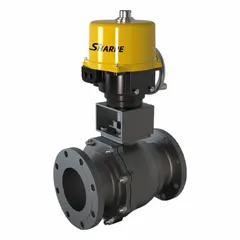 This electrically actuated ball valve is constructed from carbon steel with flange x flange connections. It operates on 120V power and features an ISO 5211 actuator mounting pad with thermal overload protection. Used for on/off flow control in industrial piping systems handling liquids or gases, it is suited for applications requiring remote actuation.