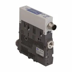 Compact vacuum generator from the SCPS/SCPSi series with a maximum supply pressure of 6 bar. Features PNP output, 1/8 in G female ports, and a 5-pole M12 male electrical connection. Suitable for generating vacuum in automated material handling and pick-and-place applications.