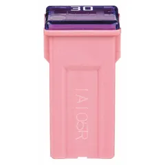 Female cartridge time-delay fuse rated 30 A at 12 V DC. Pink housing, part of FMX series and equivalent to JCAS series. Used in automotive circuits requiring slow-blow protection against temporary current surges.