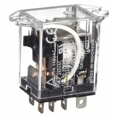 Surface-mounted relay with top flange mounting and octal base. Features DPDT contact configuration, 15 A current rating, and 24V AC coil. Plug-in terminal electrical connection. Suitable for switching inductive loads in control panels and industrial automation systems.