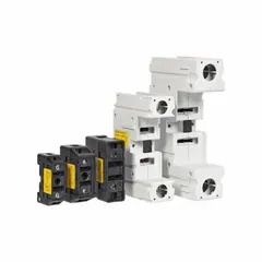Single-pole UL Class J fuse block rated for 600 V AC. Panel-mount design with box lug termination for secure wiring. Used in industrial control panels and electrical distribution systems to hold and connect Class J fuses for overcurrent protection.
