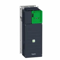 The SCHNEIDER Altivar ATV600 drive is a compact, programmable variable frequency drive with three-phase input and output, rated for 40 hp. It features a black/green enclosure and operates without bypass. Typical applications include speed and torque control of three-phase induction motors in industrial processes such as conveyors, pumps, and fans.