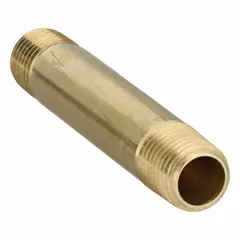 Brass pipe nipple with 1/4 in nominal pipe size, 3 in overall length, and male NPT threads on both ends. Rated for maximum operating pressure of 1000 psi and maximum steam pressure of 1000 psi. Used for connecting male threaded fittings in instrumentation, pneumatic, and low-pressure steam systems.