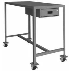 This steel-top mobile worktable features a 48 in x 24 in powder-coated steel top, welded frame construction, and fixed height. It is fully assembled with four swivel locking casters with phenolic wheels for mobility. Includes one drawer (19-1/4 in depth, 13-5/16 in width, 4-15/16 in height). Overall load capacity is 2,000 lb. Suitable for industrial workholding, assembly, and material handling tasks.