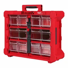 Red plastic tool organizer box measuring 19 11/16 in W x 15 3/16 in D x 6 11/16 in H. Includes one divider for compartmentalizing tools and accessories. Part of the PACKOUT modular system for stacking and transport on job sites.