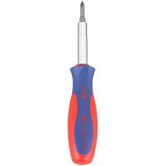 This multi-bit screwdriver includes six tips: Hex (1/4 in and 5/16 in), Phillips, and Slotted. The ball bearing mechanism allows smooth bit changes. With an overall length of 7 1/2 inches, it is suited for assembly, maintenance, and repair tasks requiring quick bit swaps.