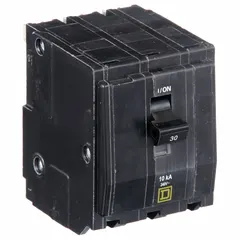Three-pole, three-phase plug-in miniature circuit breaker rated 30 A at 120/240V AC. Provides overcurrent protection with a maximum AIR rating of 10kA at 120/240V AC. Designed for use in QO Load Centers and NQ Panelboards for commercial and industrial electrical distribution systems.